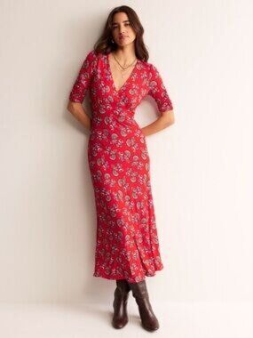 Boden Size Petite 2 Red Floral V-Neck Rebecca Jersey Midi Tea Dress